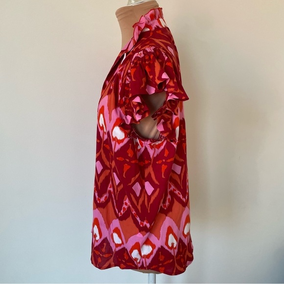 Feather & Find Ruffle Trim Tie V-Neck Red Multi Printed Rayon Paradiso Top EUC S - Picture 2 of 9